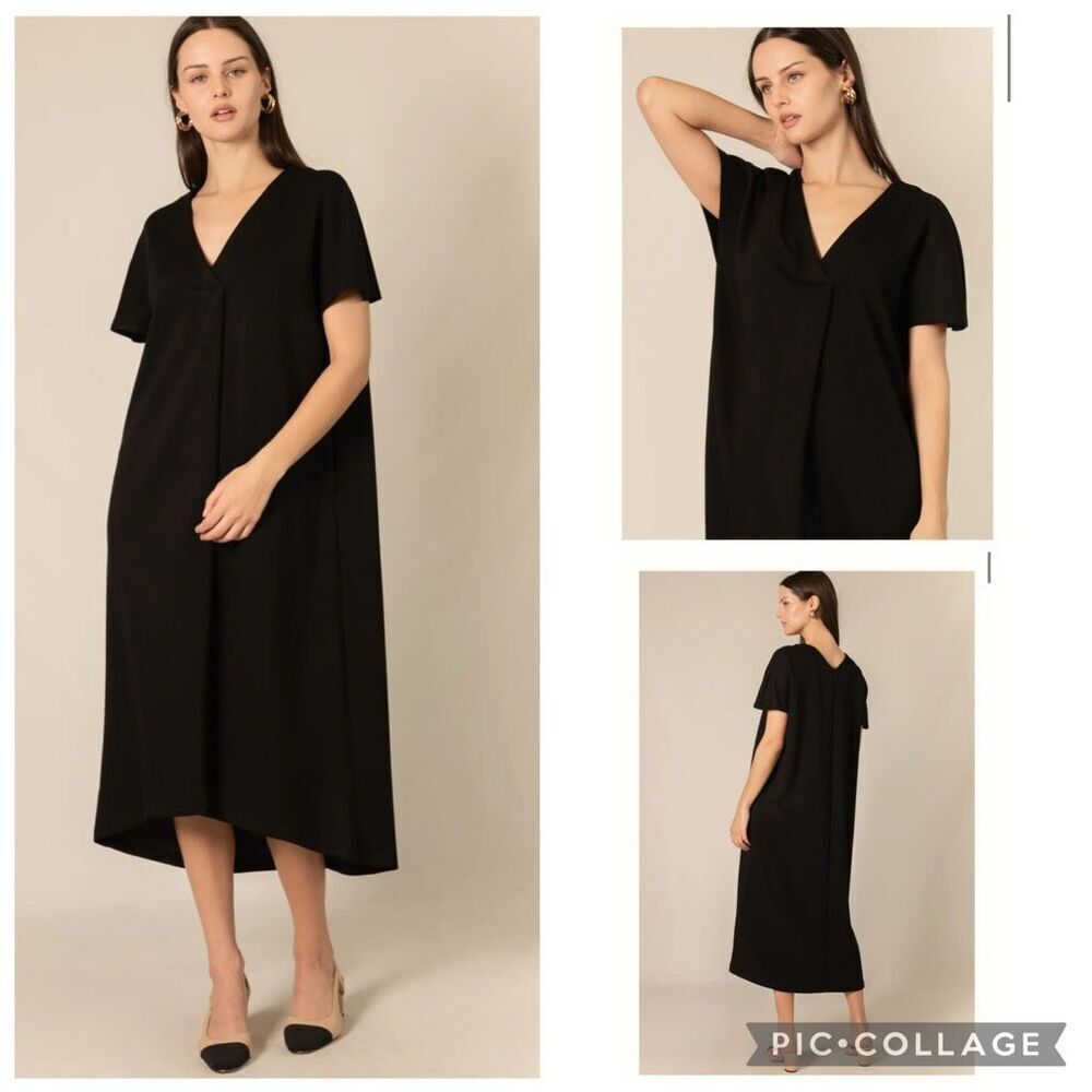 P. Cill Rae Lagenlook black linen blend black v neck midi dress